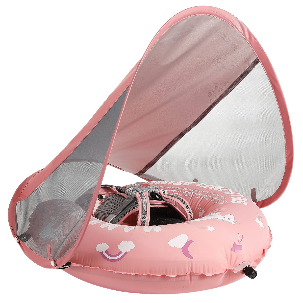 HECCEI Mambobaby float with pink canopy offers shade and secure fit for pool play.