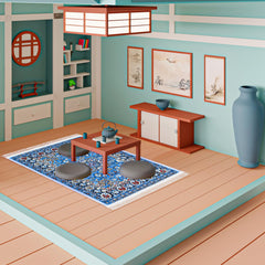 Blue rug texture and distressed finish add lived-in feel to vintage rooms.