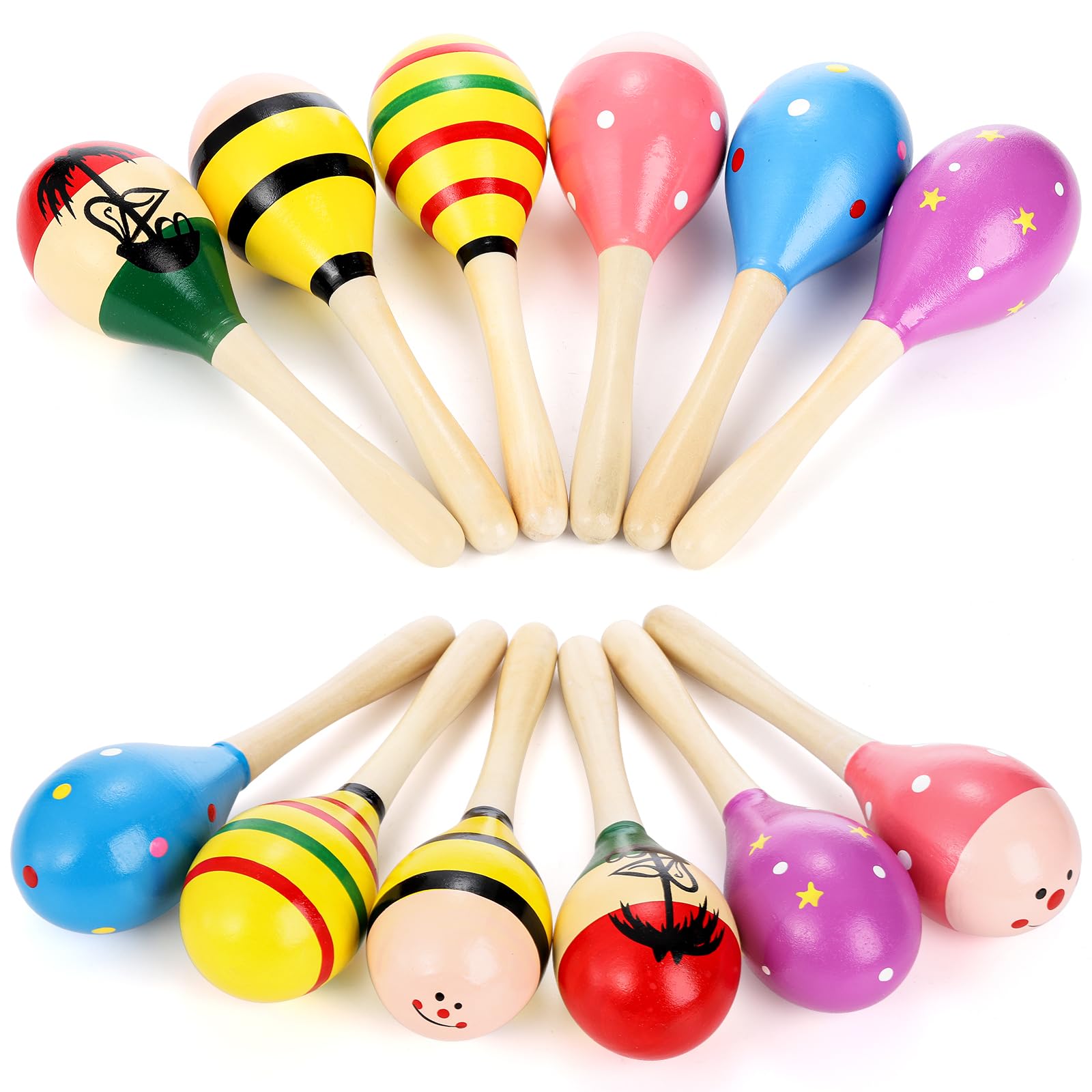 Hedume wooden maracas show six styles with vibrant color for rhythmic play.