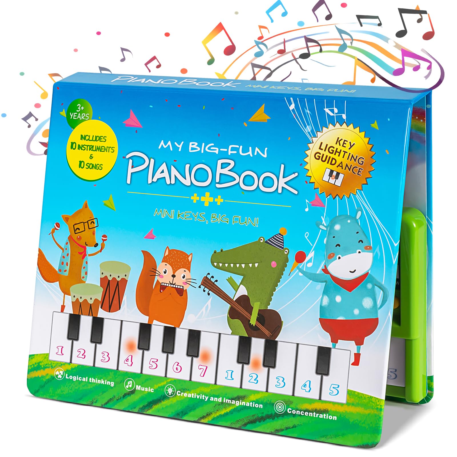 HEEPUEW toddler piano front view with book inviting early musical exploration.
