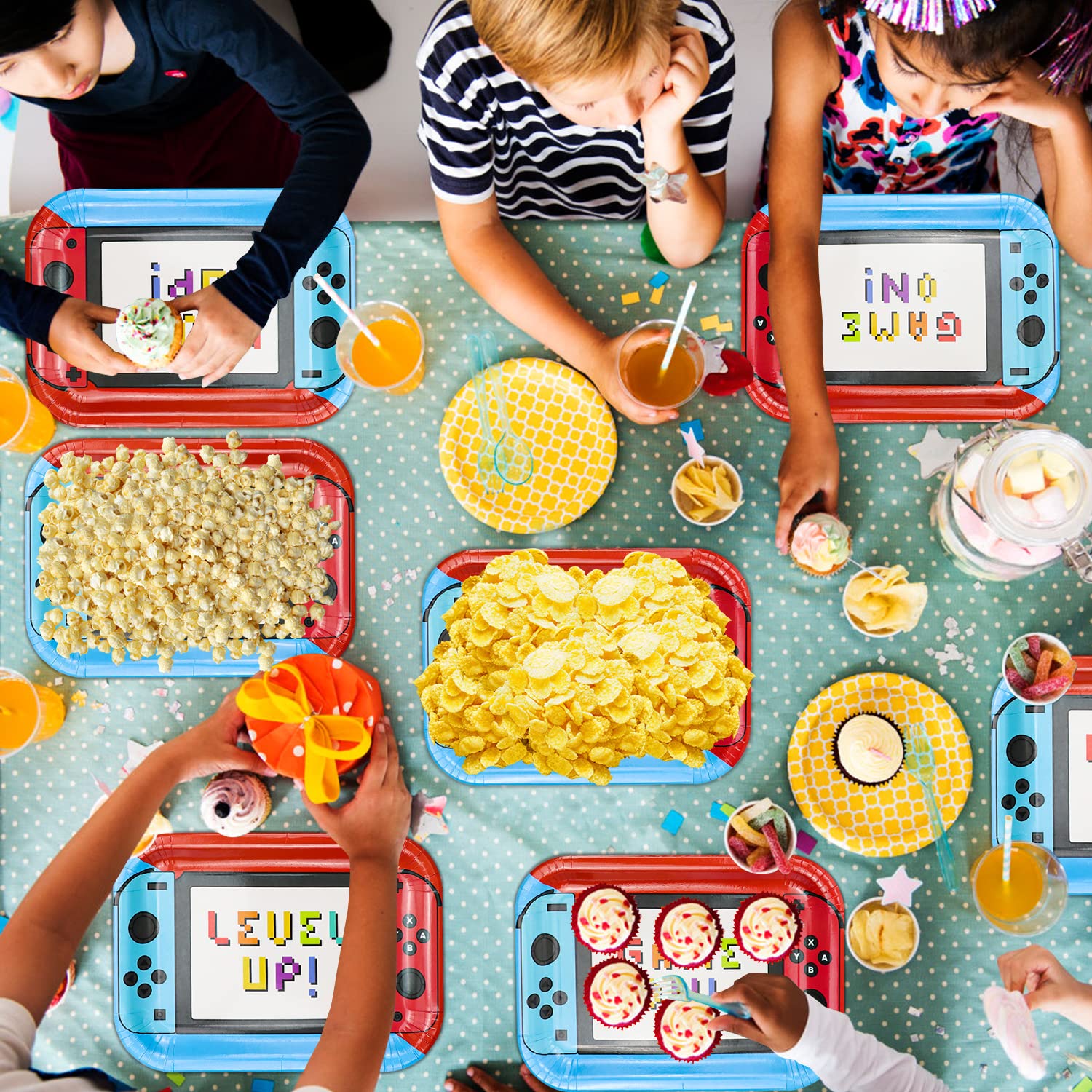 Hegbolke gaming party decor collection plates enhance the theme at the celebration.
