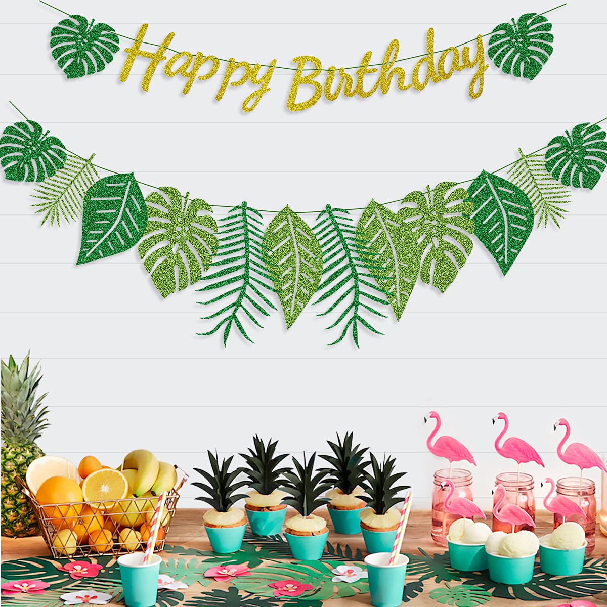 Hegbolke Hawaiian banner gold glitter letters highlight a glamorous birthday vibe.