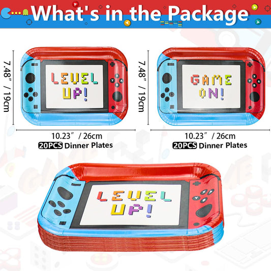 Hegbolke level-up dessert plates featuring controller motif for dessert time at gaming parties.