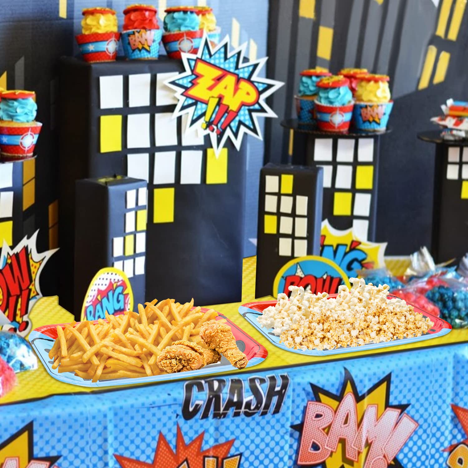 Hegbolke video game patterns plates add vibrant visuals to the party setup.