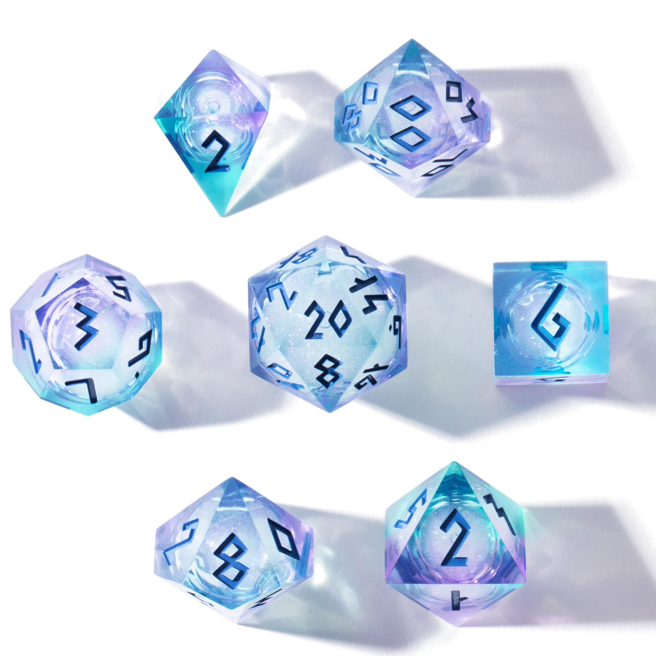 HEIMDALLR Aurora seven-dice collection laid out for readable gameplay