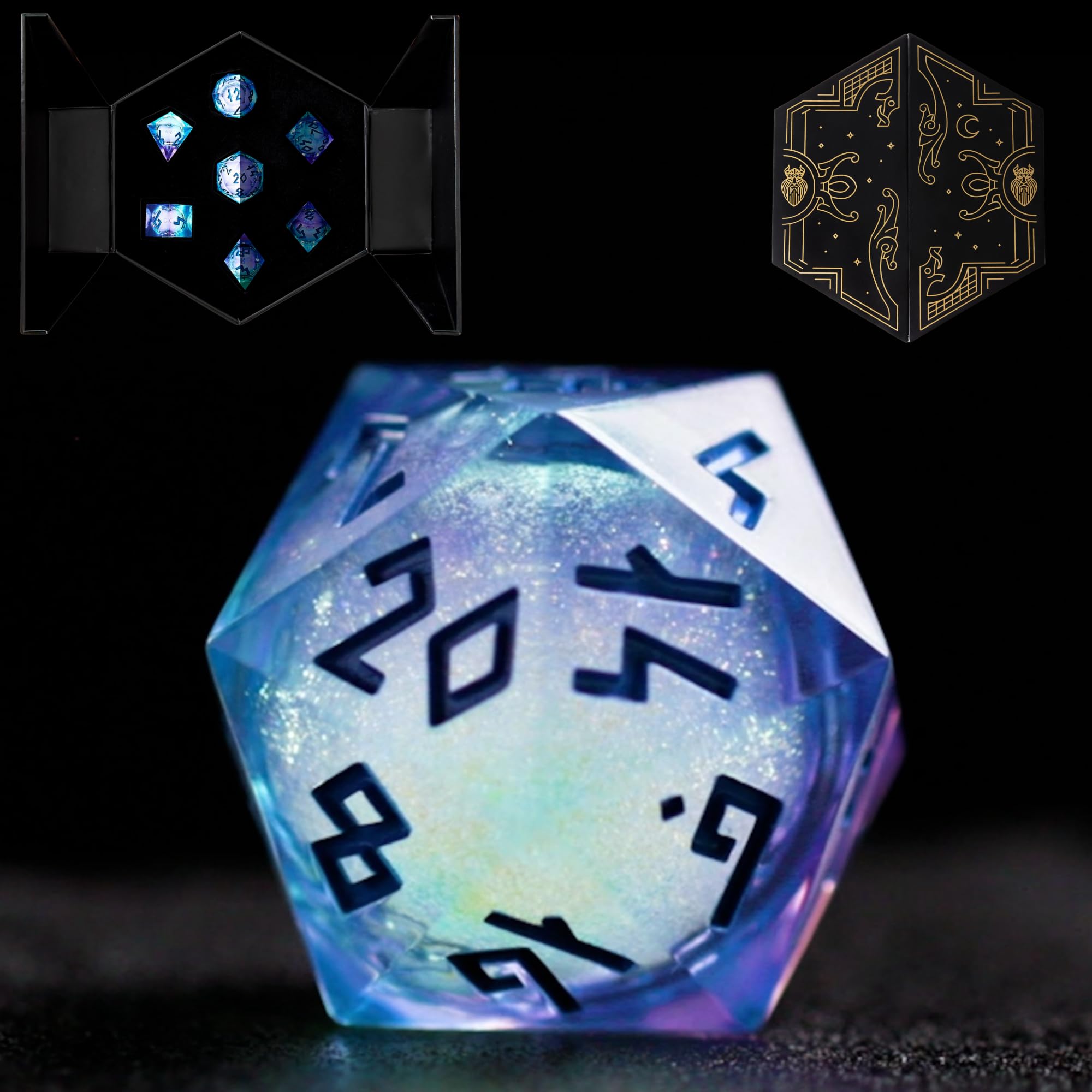 HEIMDALLR Aurora liquid-core dice close-up highlighting the swirling core for immersive rolls