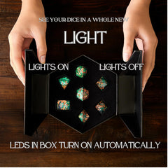 HEIMDALLR LED display case lights up when opened, highlighting premium dice