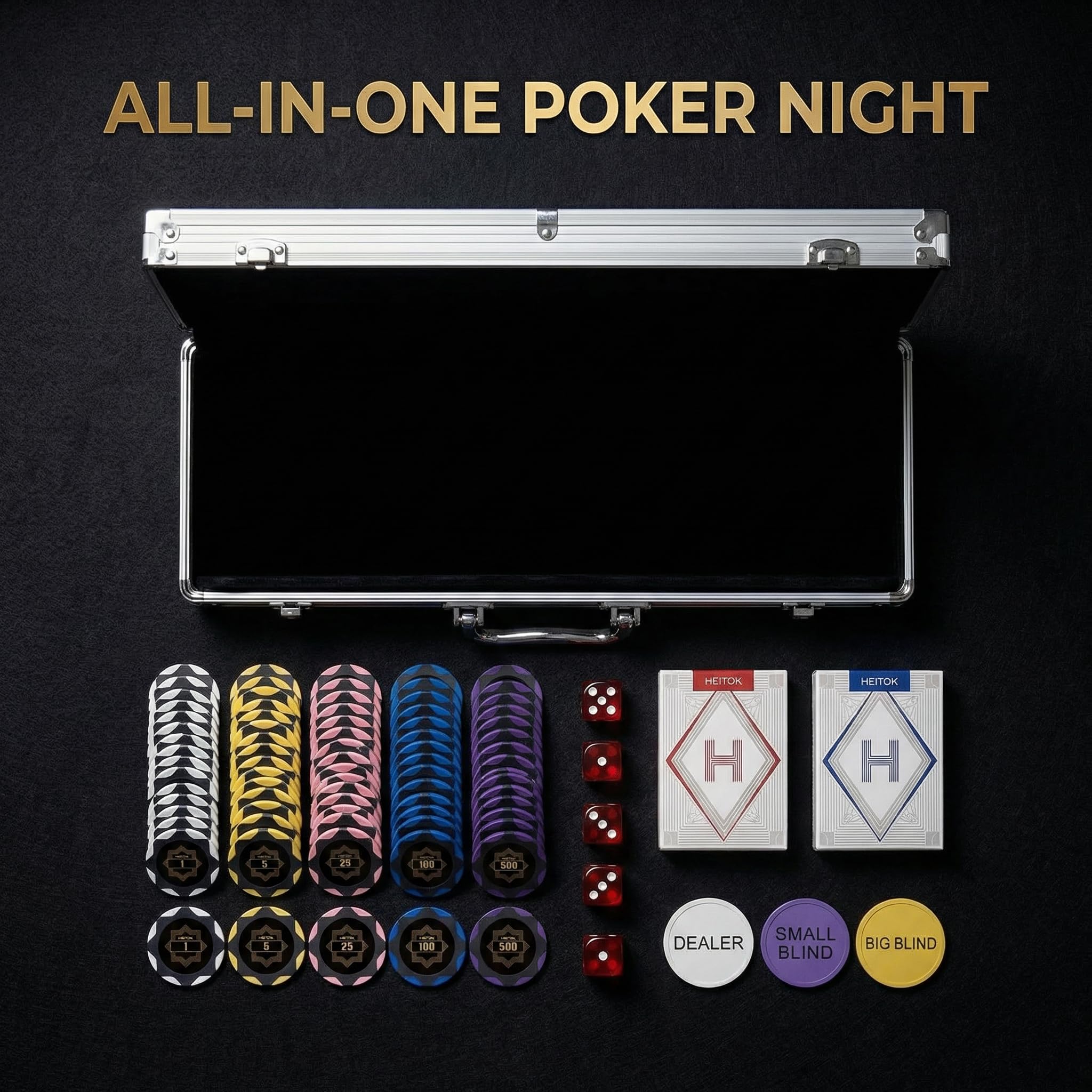 HEITOK 300-piece poker chip set denominations visible for faster betting and clarity