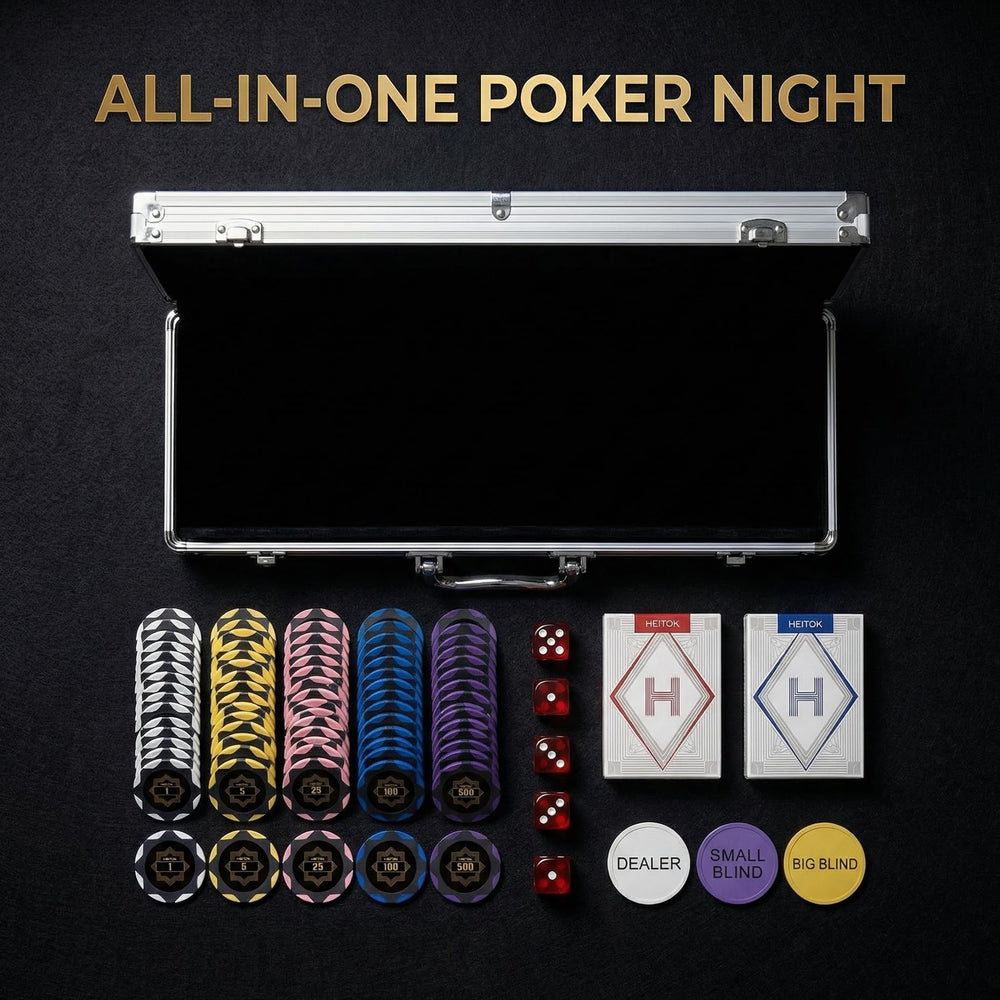 HEITOK 300-piece poker chip set denominations visible for faster betting and clarity