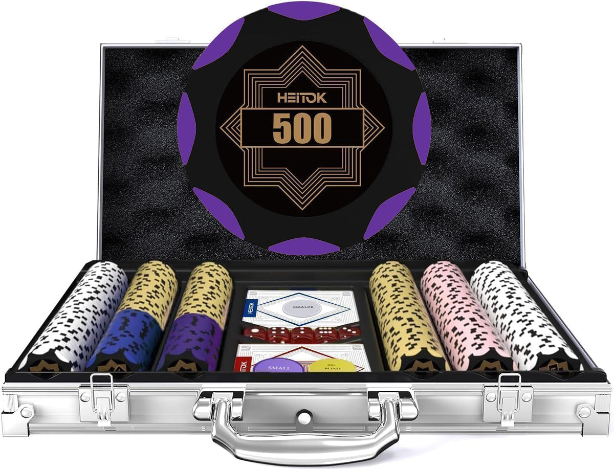 HEITOK 300-piece poker chip set closeup showing weighted clay chips for authentic casino feel