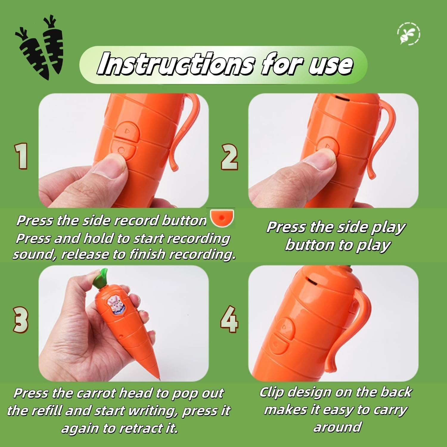 Hekisace carrot recorder pen with included batteries for immediate use.