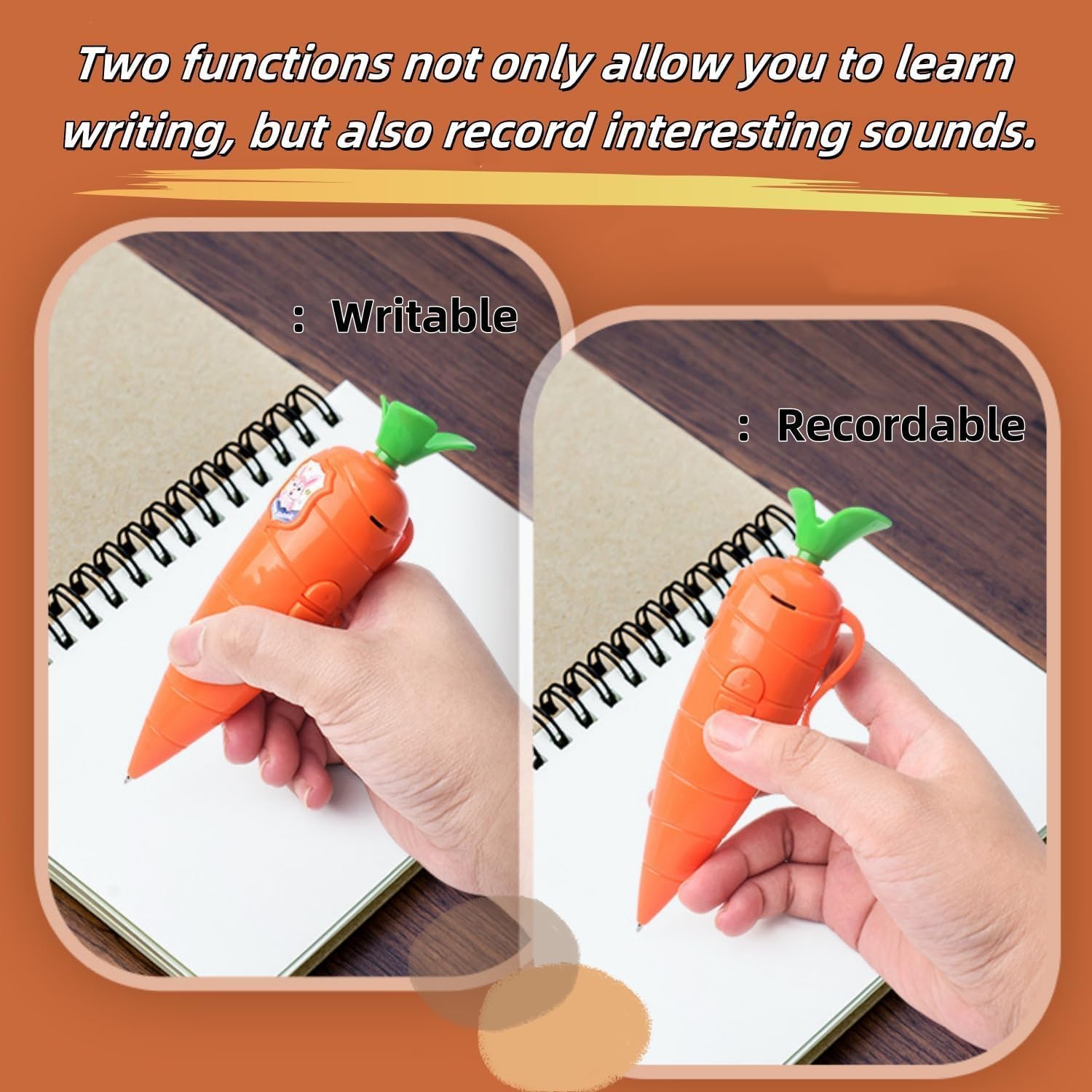 Playful carrot design appeals to kids, students, and teachers.