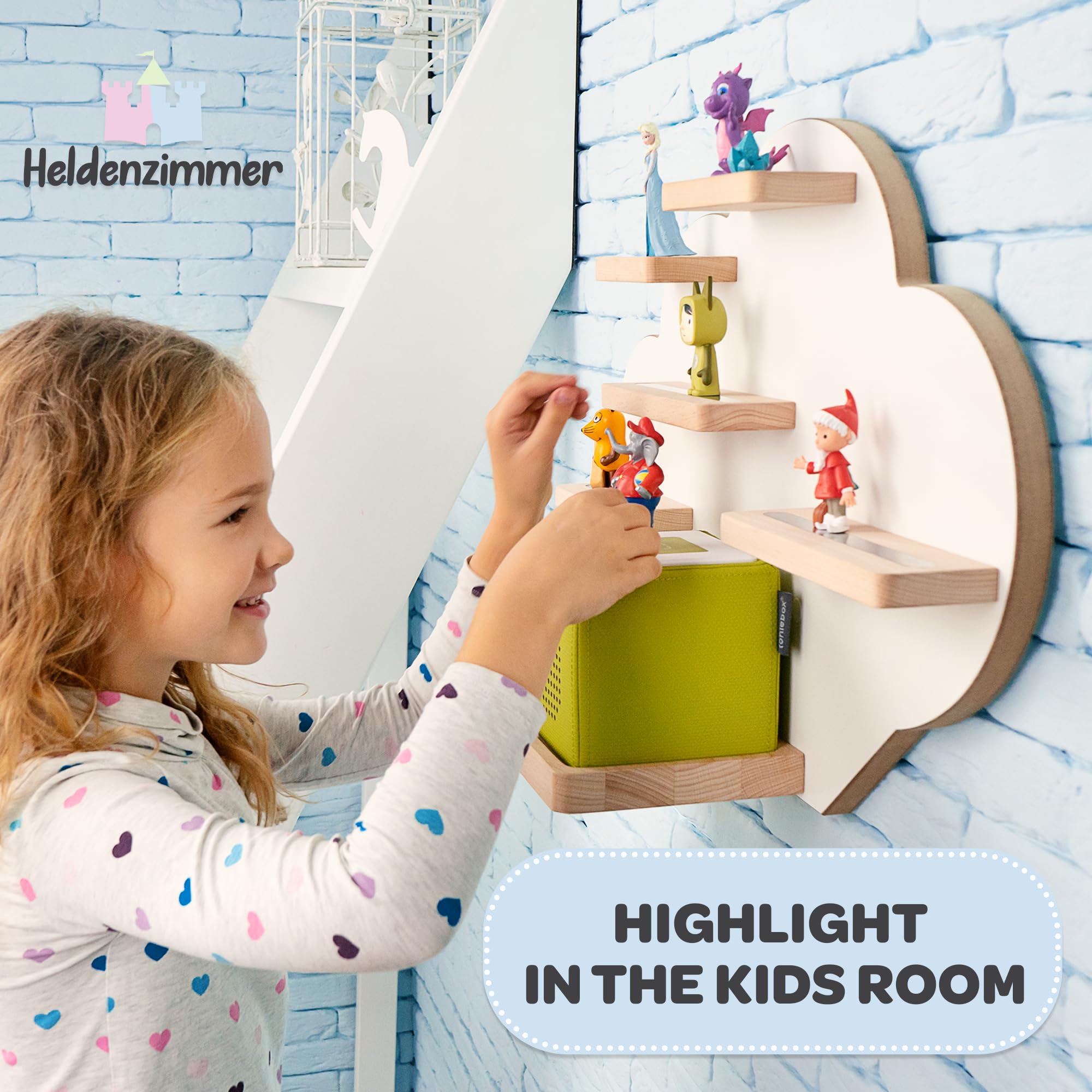 Round-corner wooden shelf protects little hands while organizing Tonies.