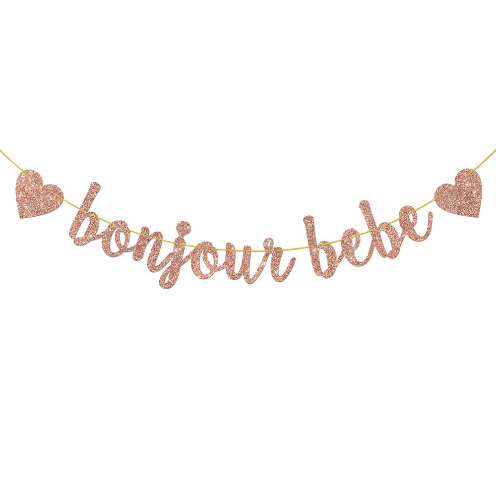 Helewilk rose gold glitter Bonjour Bebe banner adds festive baby shower ambiance.