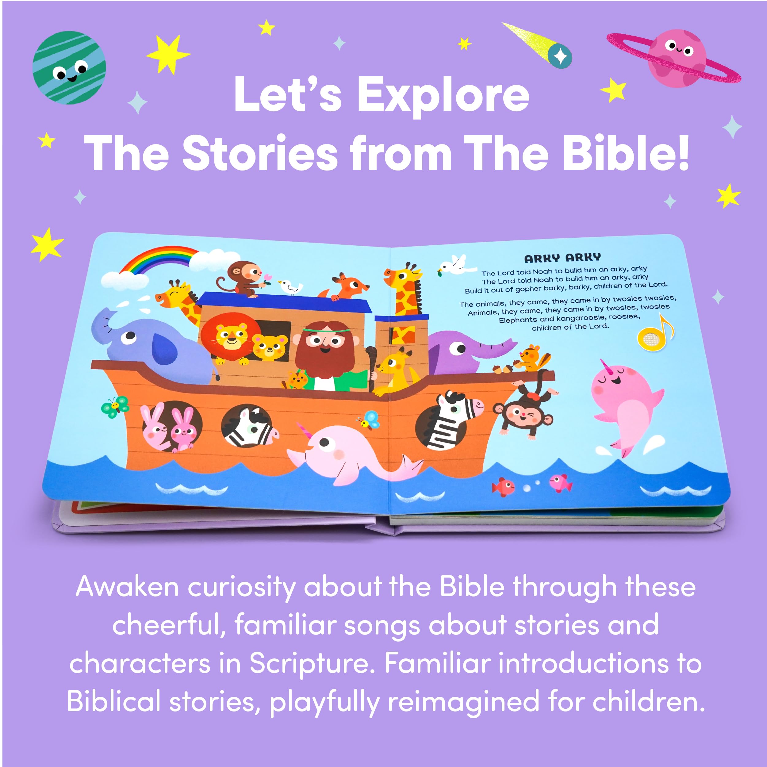 Hello 2 Kids Bible Stories play button page for interactive learning on every spread.