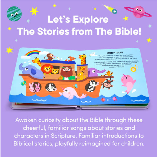 Hello 2 Kids Bible Stories play button page for interactive learning on every spread.