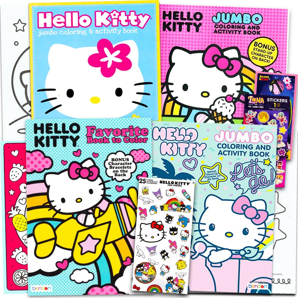 Hello Kitty activity book spread highlighting interactive pages