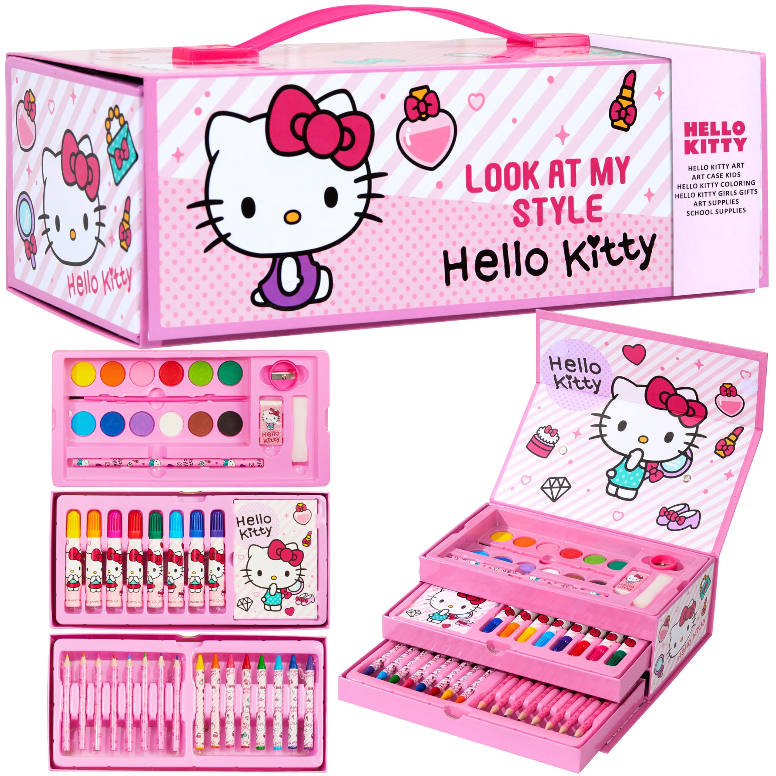 Hello Kitty art set carry case open with organized trays for easy art on the go