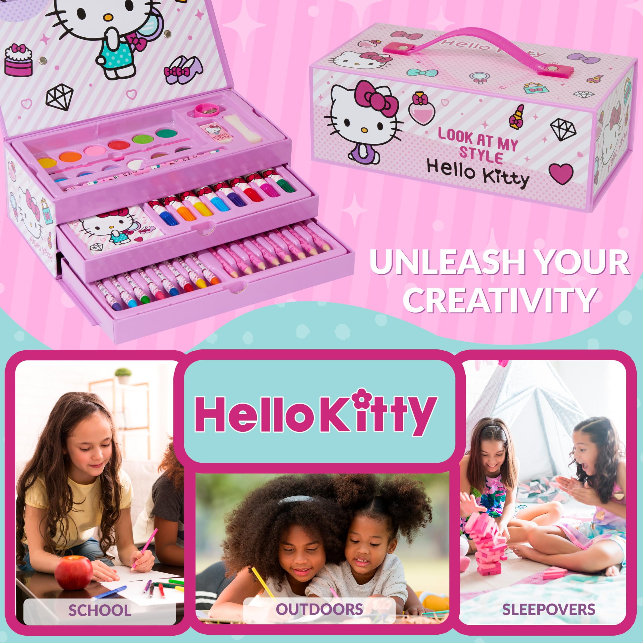Hello Kitty carry case detail with bright print and secure latch for kid-friendly transport