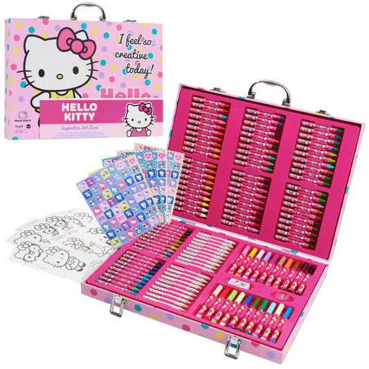 Hello Kitty art kit travel case opens with colorful pencils ready for on the go creativity.