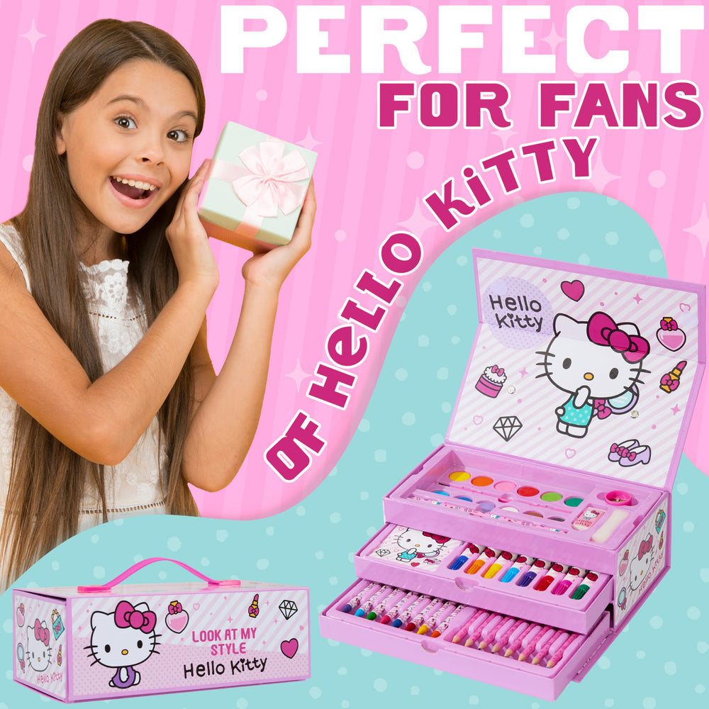 Hello Kitty watercolor paints and markers ready for vibrant sketches and classroom crafts