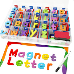 HELLOCUBE letters magnet on fridge for interactive spelling practice.