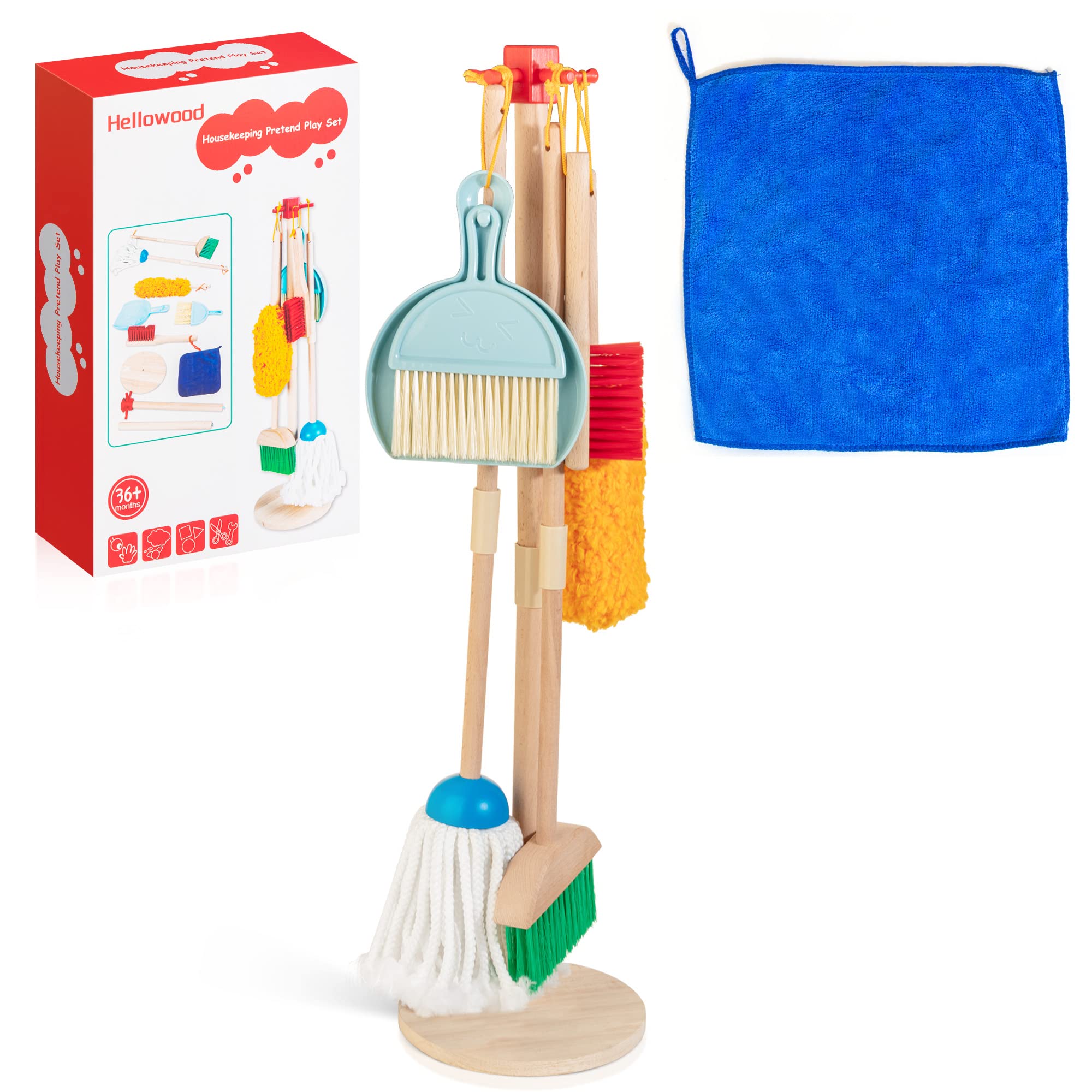 HELLOWOOD kids cleaning set broom in beech wood; supports imaginative pretend chores