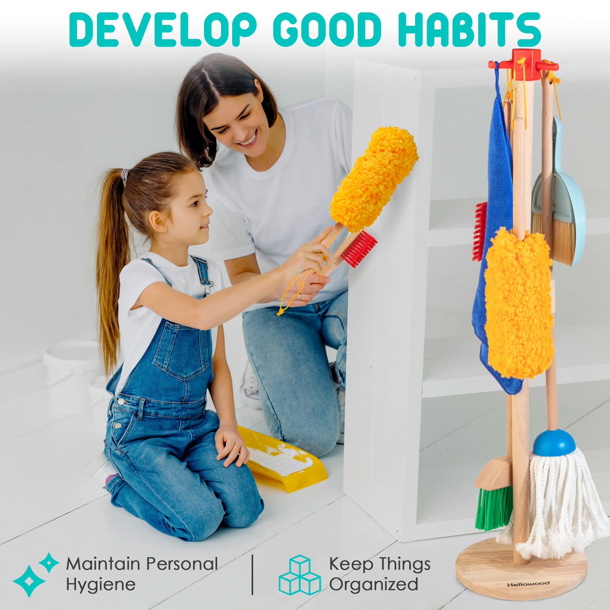 HELLOWOOD kids cleaning set dustpan; sturdy wooden tool for tidy-room habits