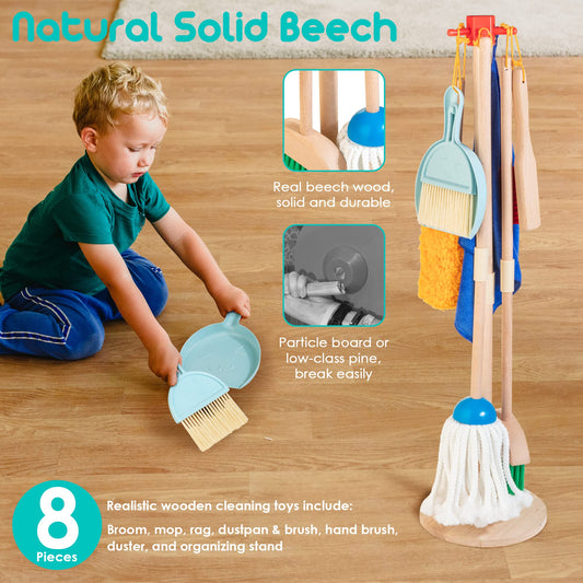 HELLOWOOD kids cleaning set mop in beech wood; promotes role-play cleaning moments