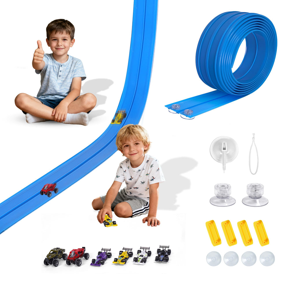Helmxlnq portable 16ft DIY racing track unfolded on a table for instant play.