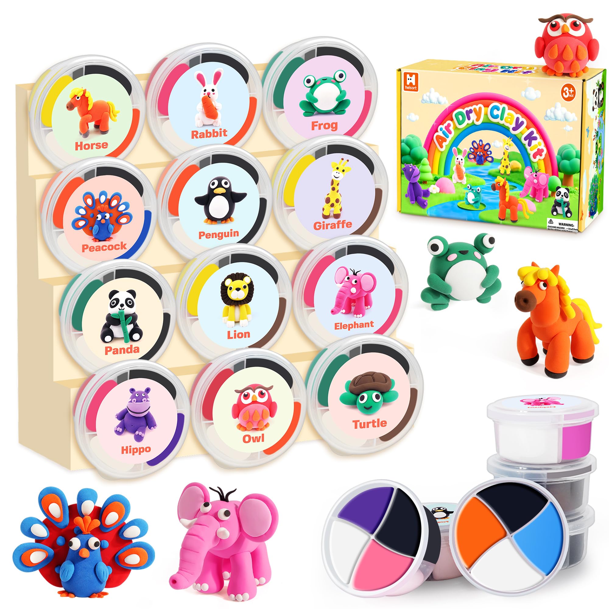 Helsort Air Dry Clay Kit showing 12 animal models ready for creative play