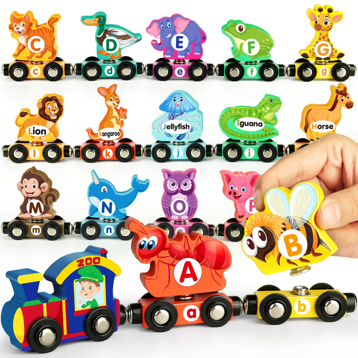 Helsort alphabet train cars with magnets for easy linking and letter practice
