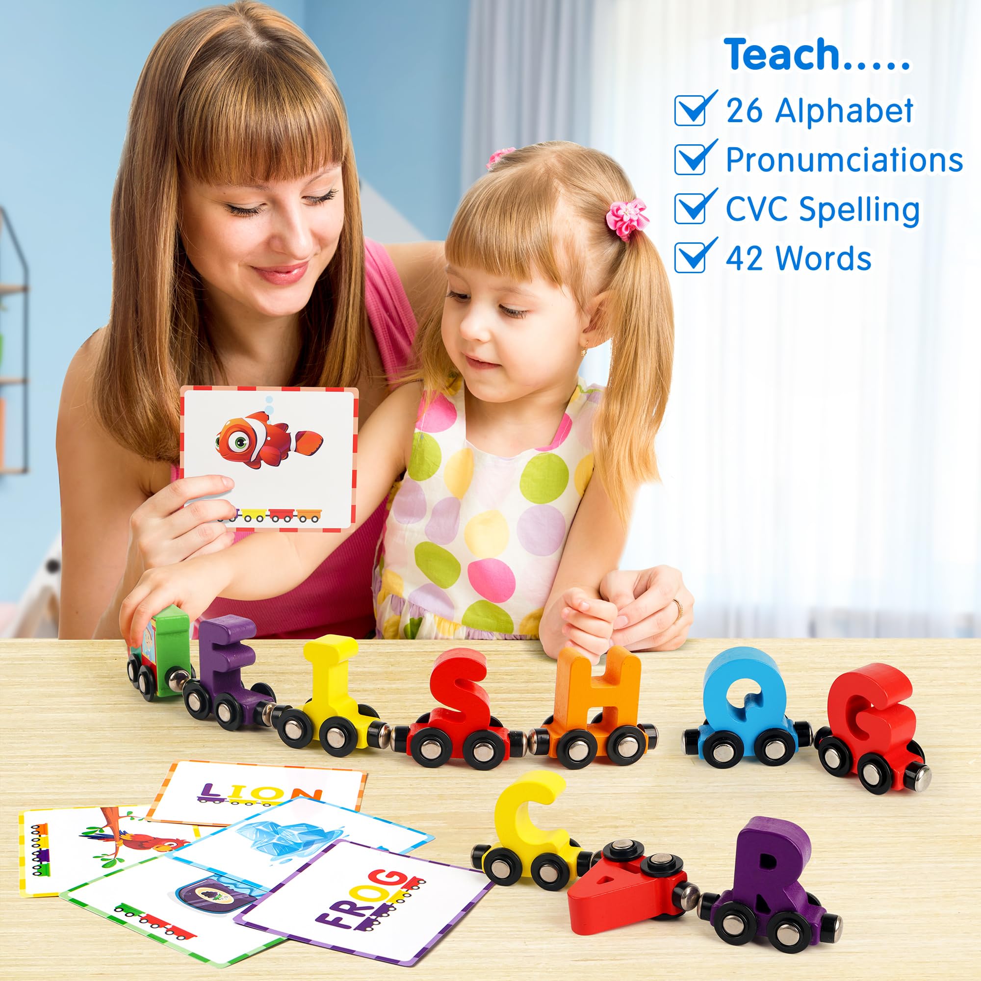 Helsort alphabet trains with letters; promotes early word-building through hands-on play.