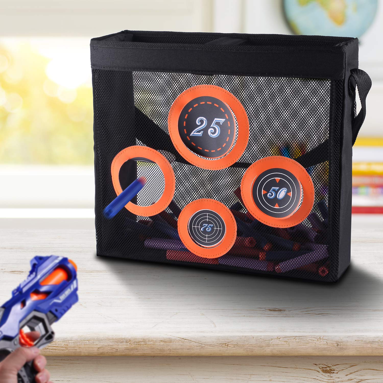 Hely Cancy mesh target compatible with Nerf darts and toy blasters for versatile use.
