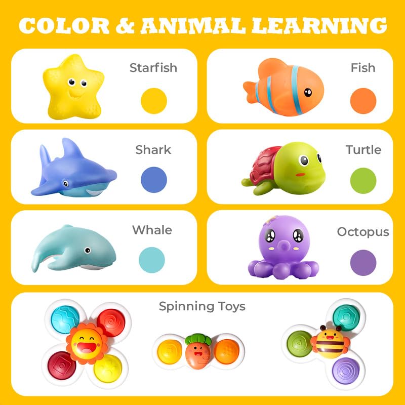 Hely Cancy seven colorful tub friends brighten bath time together.