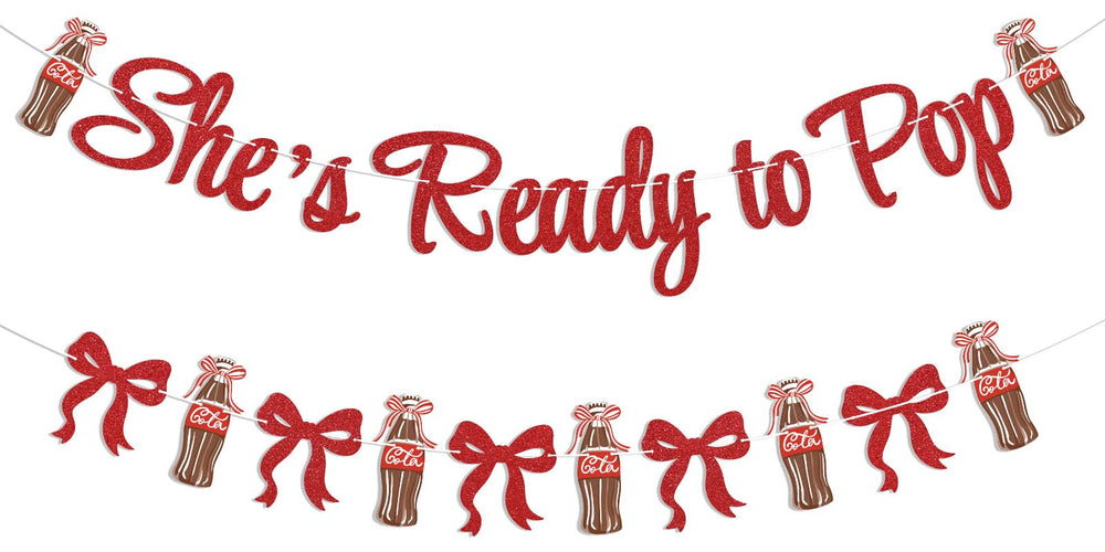 Hemicha She's Ready to Pop banner with red glitter for festive baby shower decor.