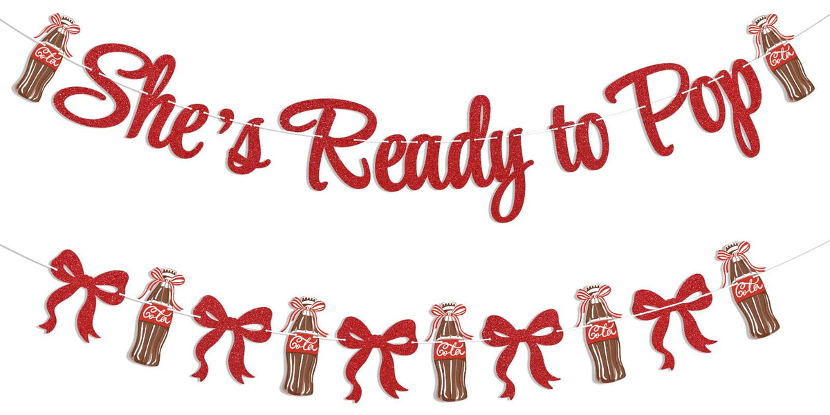 Hemicha She's Ready to Pop banner with red glitter for festive baby shower decor.