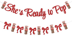Hemicha She's Ready to Pop banner with red glitter for festive baby shower decor.