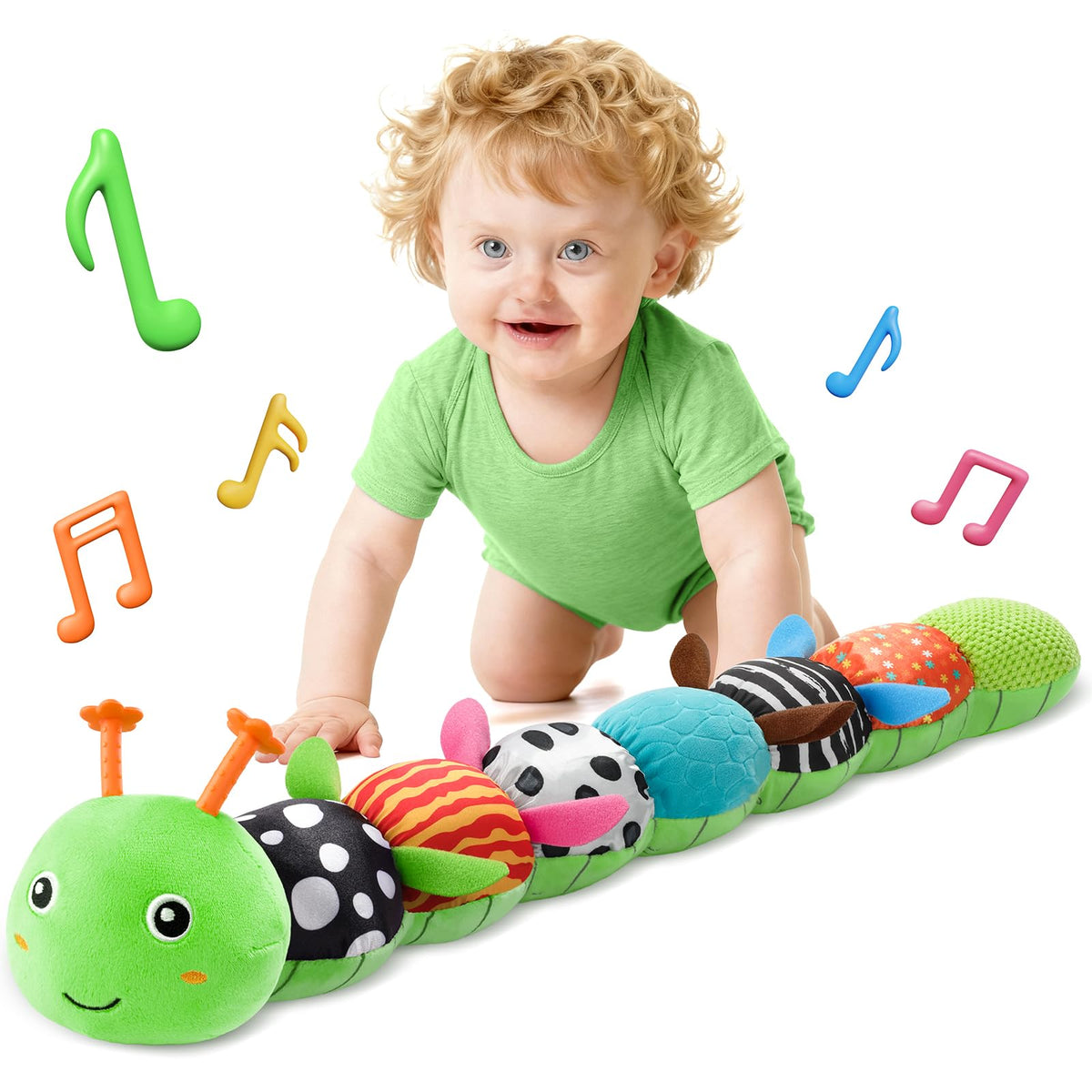 HEMRLY Caterpillar plush with music teether for soothing tummy time and safe chewing.