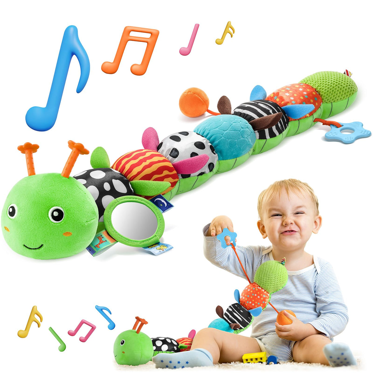 HEMRLY baby sensory caterpillar winged green head close-up for tummy time and sounds