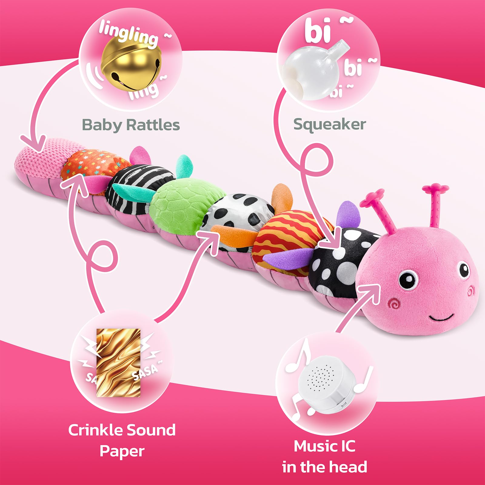 HEMRLY Back features crinkle paper and squeaker for sensory exploration