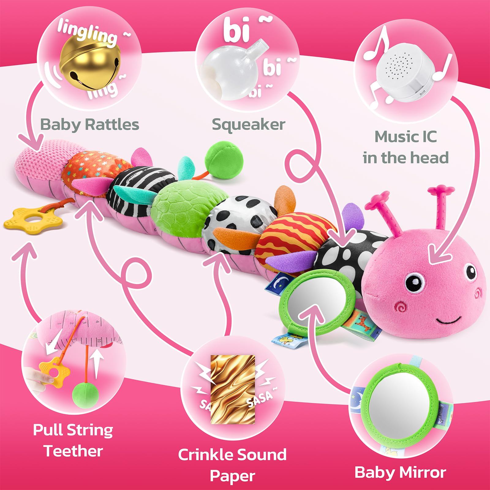 HEMRLY Caterpillar crinkle texture invites exploration and delightful auditory feedback.