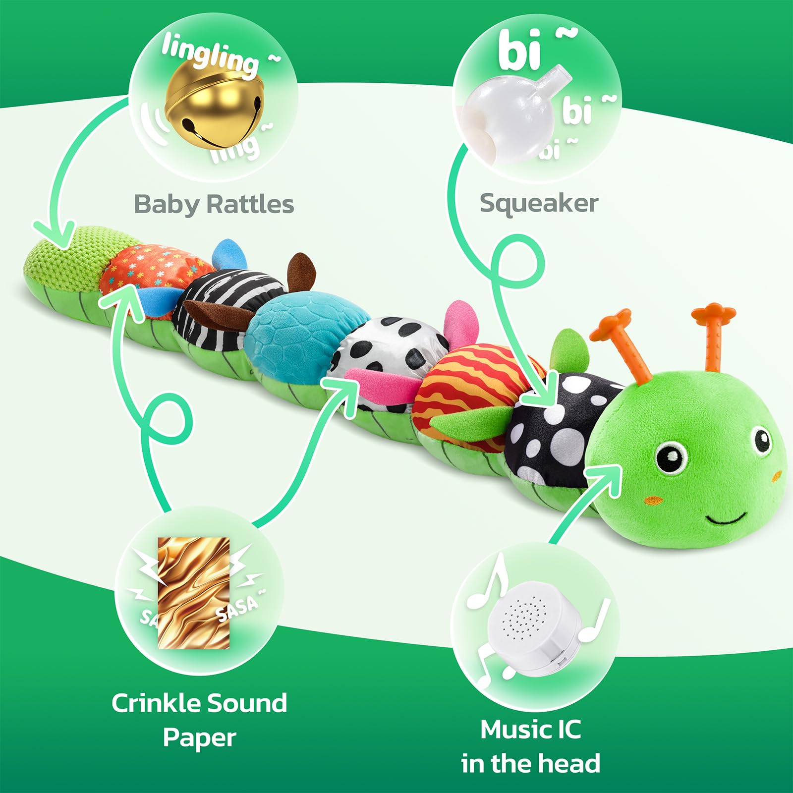 HEMRLY Soft plush caterpillar provides cuddly comfort for crib, stroller, or car seats.