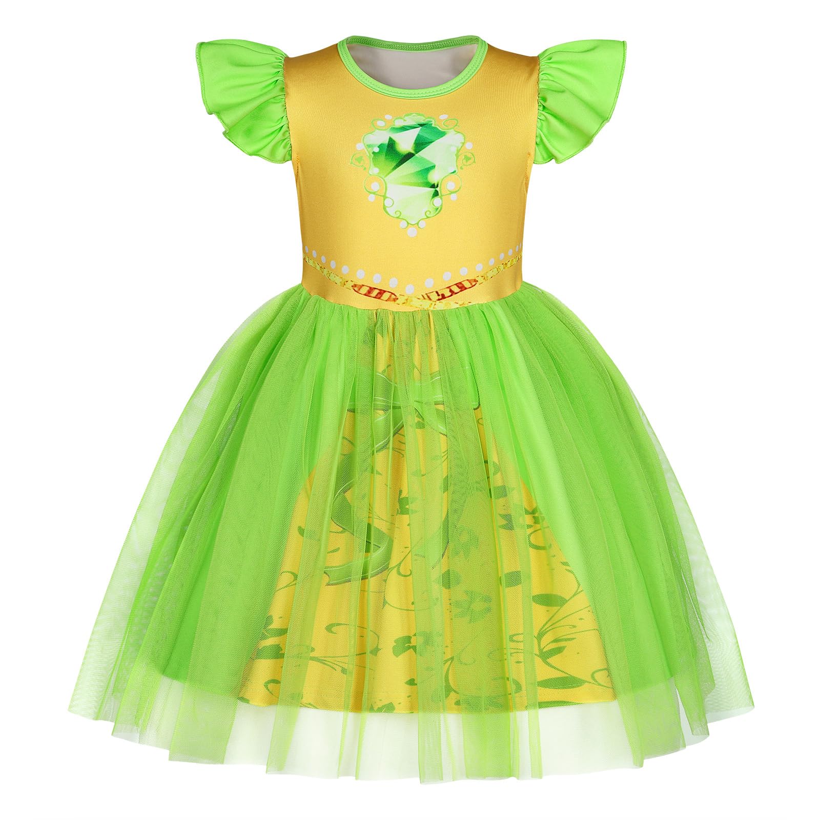 HenzWorld toddler princess dress with green tulle, front view, ideal for imaginative play.