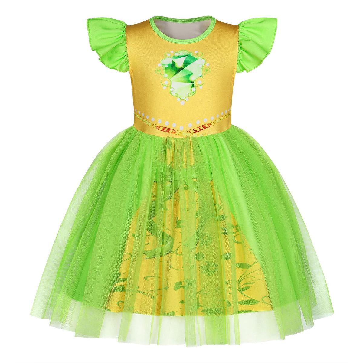 HenzWorld toddler princess dress with green tulle, front view, ideal for imaginative play.