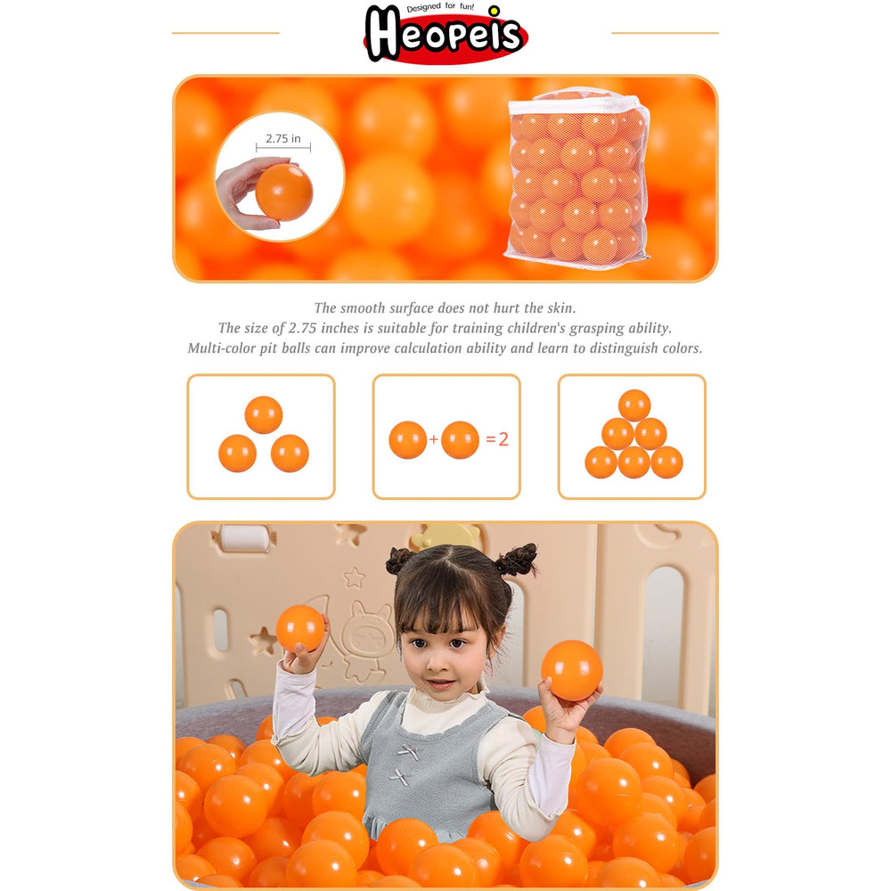 Heopeis orange ball pit balls arranged for home pool or tent.