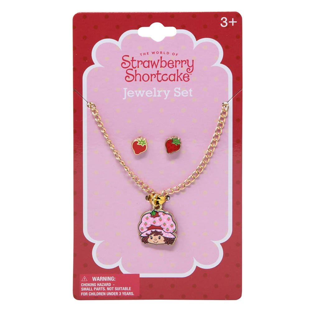 HER Strawberry Shortcake jewelry set with pendant necklace and strawberry earrings for kids, great gift for birthdays.