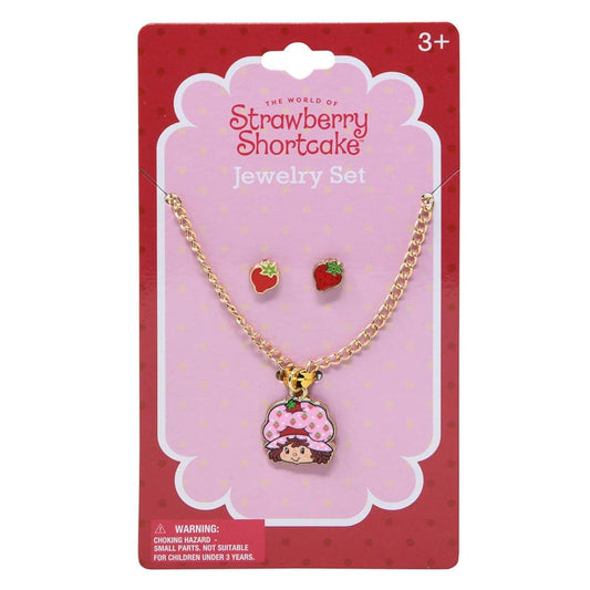 HER Strawberry Shortcake jewelry set with pendant necklace and strawberry earrings for kids, great gift for birthdays.