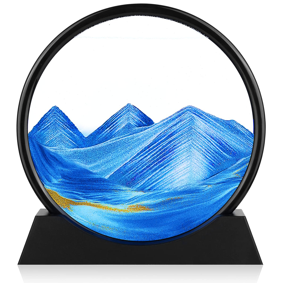Herecanli Moving Sand Art blue round glass 7in for desk decor and relaxing ambiance.