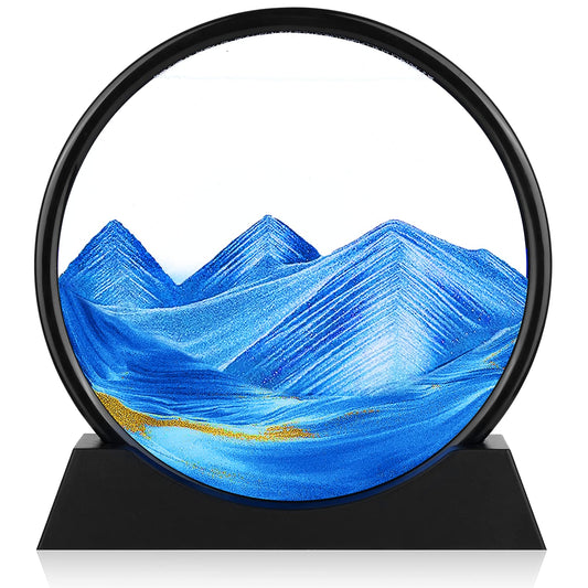 Herecanli Moving Sand Art blue round glass 7in for desk decor and relaxing ambiance.